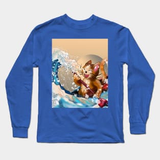 Cat in a kayak in the wave off Kanagawa Long Sleeve T-Shirt
